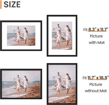 upsimples 11x14 Picture Frame, Display Pictures 8x10 with Mat or 11x14 Without Mat, Wall Hanging Photo Frames, Black - PuriLite