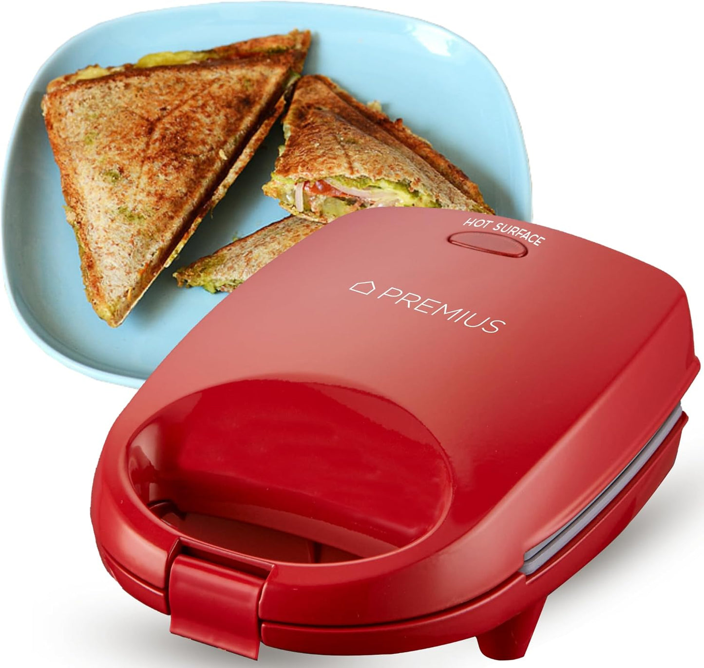 PREMIUS Ceramic NonStick Mini Snack Sandwich Maker, Indicator Light, 5x4.4 Inch Mold, Great for French Toast, Tuna Melt, Egg & Grilled Cheese, Pancake Sandwich, Desserts, Toasties, 520 W (Red) - PuriLite