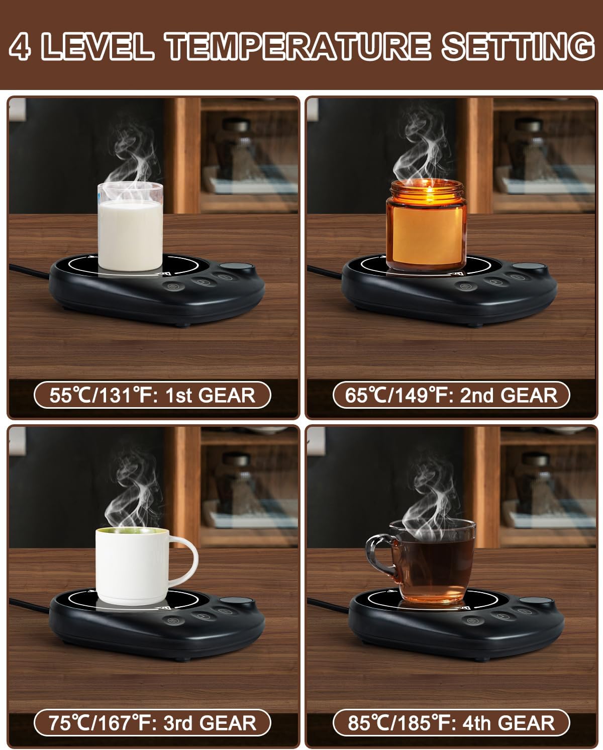 MYMULIKE Mug Warmer, Coffee Mug Warmer for Desk with 4 Temperature Settings (55℃/65℃/75℃/85℃), Coffee Warmer with Auto Shut Off, 1-12 Hour Timer, Desk Accessories for Office/Home - PuriLite