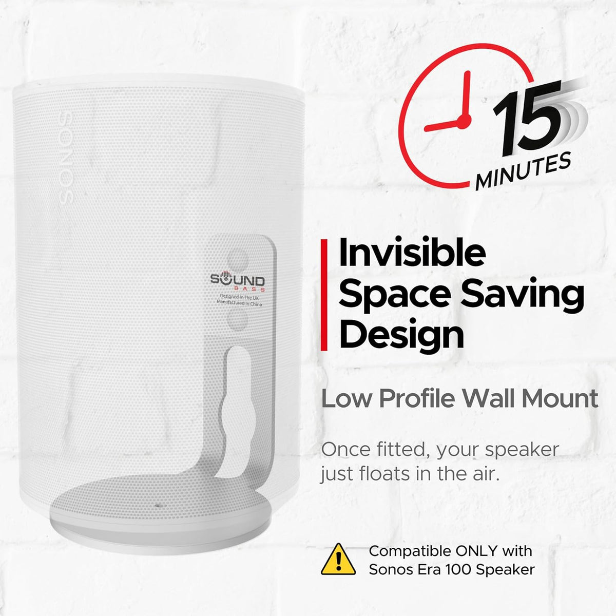 ERA100 Wall Mount Bracket, Low Profile, White, Single Unit, Compatible with Sonos ERA 100 Speaker, Complete with All Fixing Hardware - PuriLite