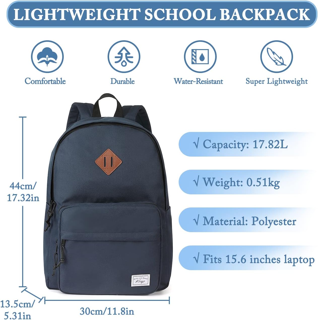 School Backpack, Kasqo 15.6 Inch Classic Lightweight Water-Resistant Backpack for Men Women Teens Girls Boys Kids to School, College, Travel, Work, Black - PuriLite