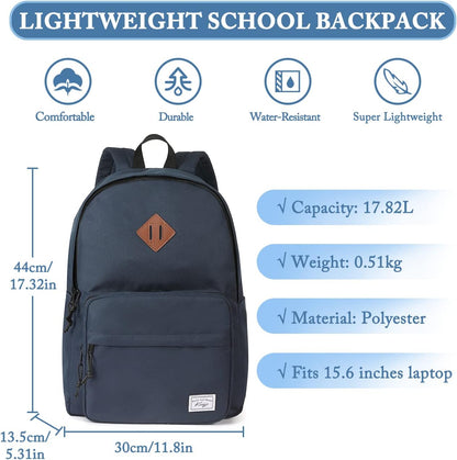 School Backpack, Kasqo 15.6 Inch Classic Lightweight Water-Resistant Backpack for Men Women Teens Girls Boys Kids to School, College, Travel, Work, Black - PuriLite
