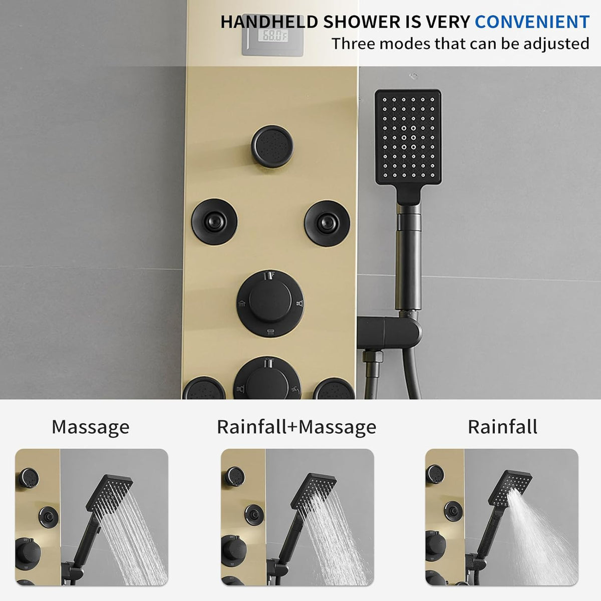 Bathfinesse Shower Tower Bathroom Shower Panel System Rain Massage System 6 in 1 Body Spray Jets Shower Wall Panels Rainfall Waterfall Shower Head Tub Spout with Temperature Display,Matte Black - PuriLite