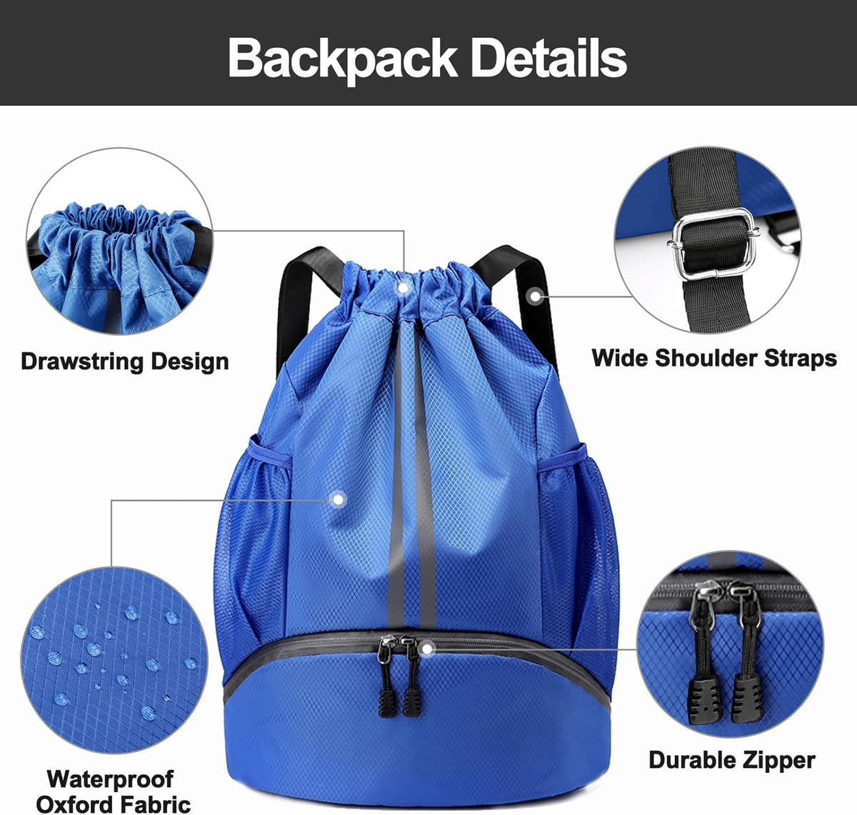 Hoedia Sports Drawstring Backpack - String Swim Gym Bag with Shoes Compartment and Wet Proof Pocket for Women/Men - PuriLite