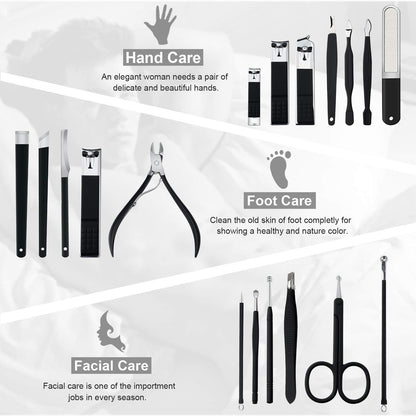 Keiby Citom Professional Stainless Steel Nail Clipper Travel & Grooming Kit Nail Tools Manicure & Pedicure Set of 18pcs with Luxurious Case (Black) - PuriLite