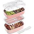 Bento Box, Lunch Box for Adult, Compact Bento Box Set- 2-Layer Stackable Lunch Box with Utensils, Leak-Proof and Durable Food Container for Work, Picnic, and Travel (Pink) - PuriLite