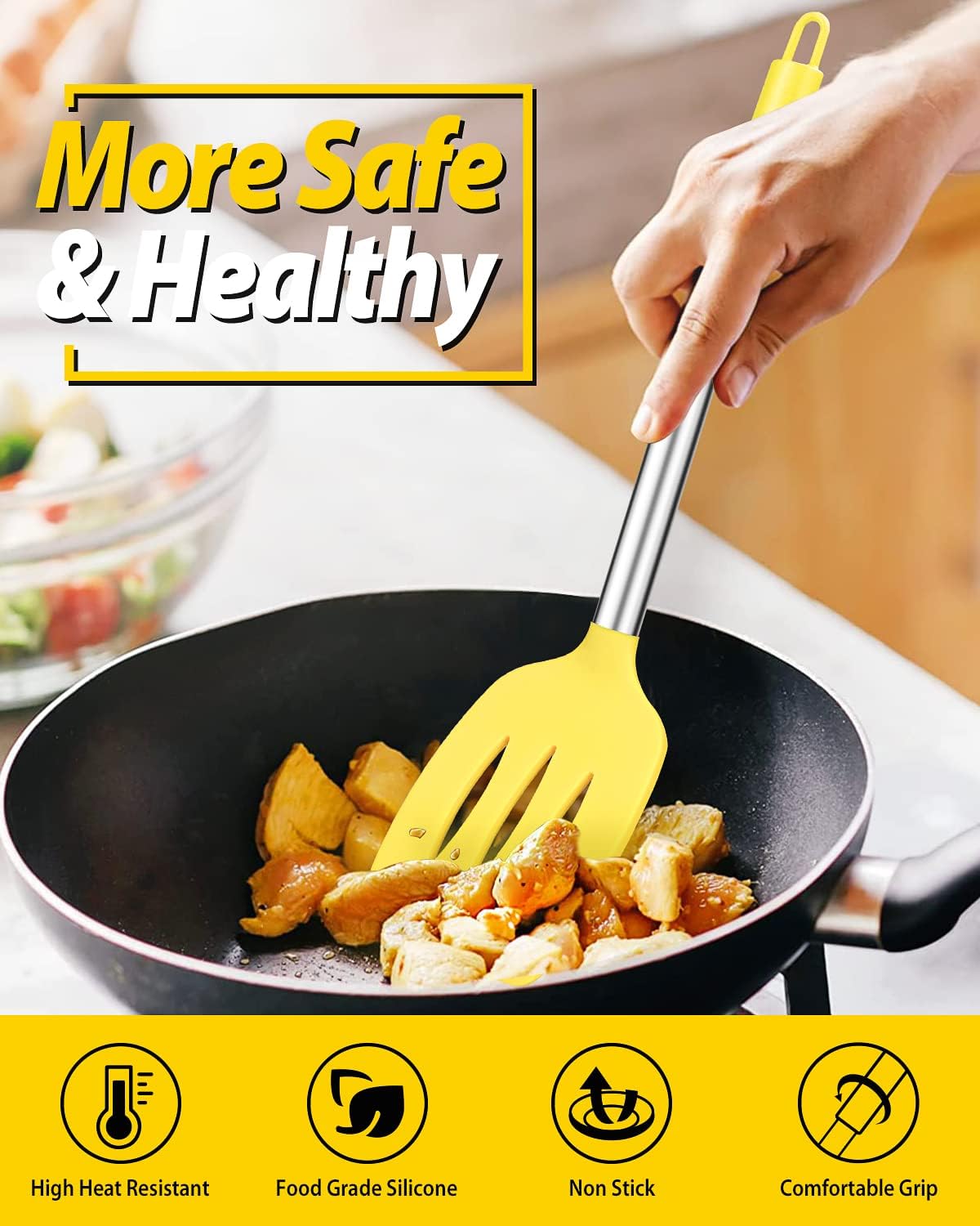 Pack of 2 Silicone Slotted Spatula,Non Stick Solid Kitchen Turner, High Heat Resistant BPA Free Cooking Utensils for Fish, Eggs, Pancakes（Black - PuriLite