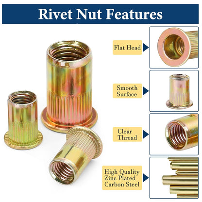 Vifmy Metric & SAE Rivet Nut Assortment Kit(420 Pcs),m3 m4 m5 m6 m8 m10 m12#6-32#8-32#10-24 1/4"-20 5/16"-18 3/8"-16 UNC Flat Head Rivnut Set,Zinc Plated Finish Carbon Steel Nutsert - PuriLite