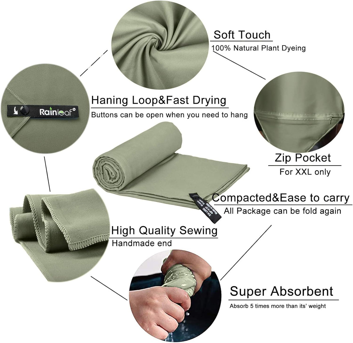 Rainleaf Microfiber Towel Perfect Travel & Gym & Camping Towel. Quick Dry - Super Absorbent - Ultra Compact - Lightweight. Suitable for Trip, Beach, Shower, Backpacking, Pool - PuriLite