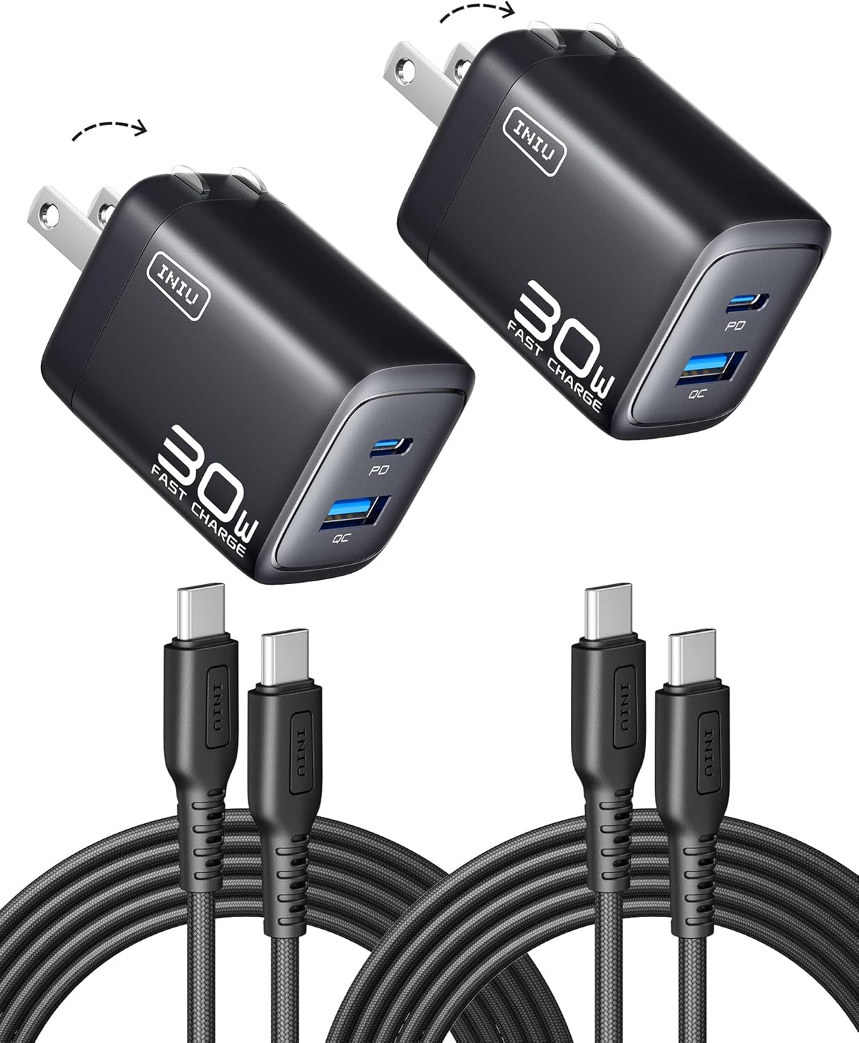 INIU USB C Charger, 2-Pack 30W PD QC 3.0 Dual Port Fast Charging Type C Charger Block with 5ft USB-C Cable, Compact USB C Wall Charger with Foldable Plug for iPhone 16 15 Pro Max Samsung S23, Yellow - PuriLite