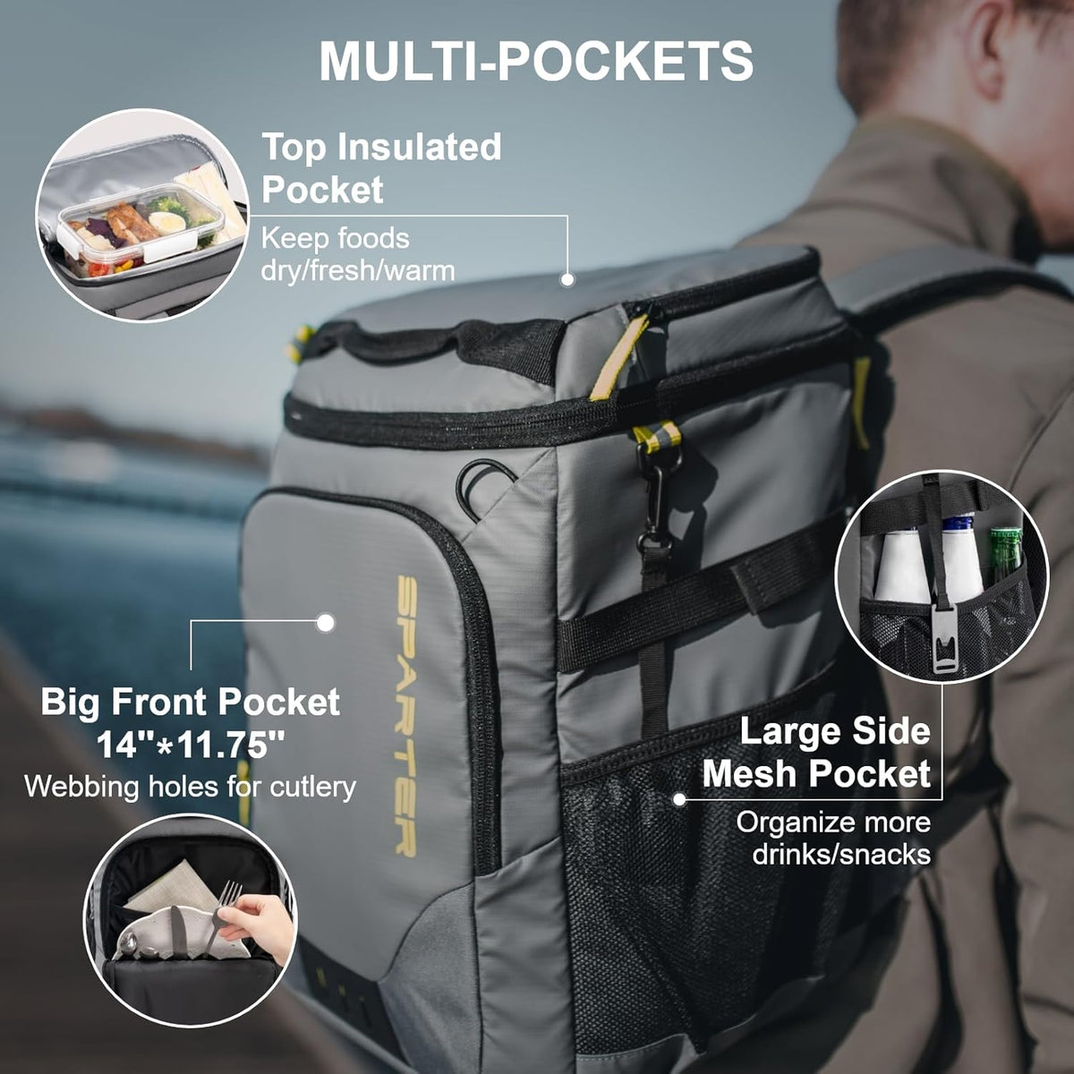 SPARTER Backpack Cooler Insulated Leak Proof 33/49 Cans, 2 Insulated Compartments Thermal Bag, Portable Lightweight Beach Travel Camping Lunch Backpack for Men and Women - PuriLite
