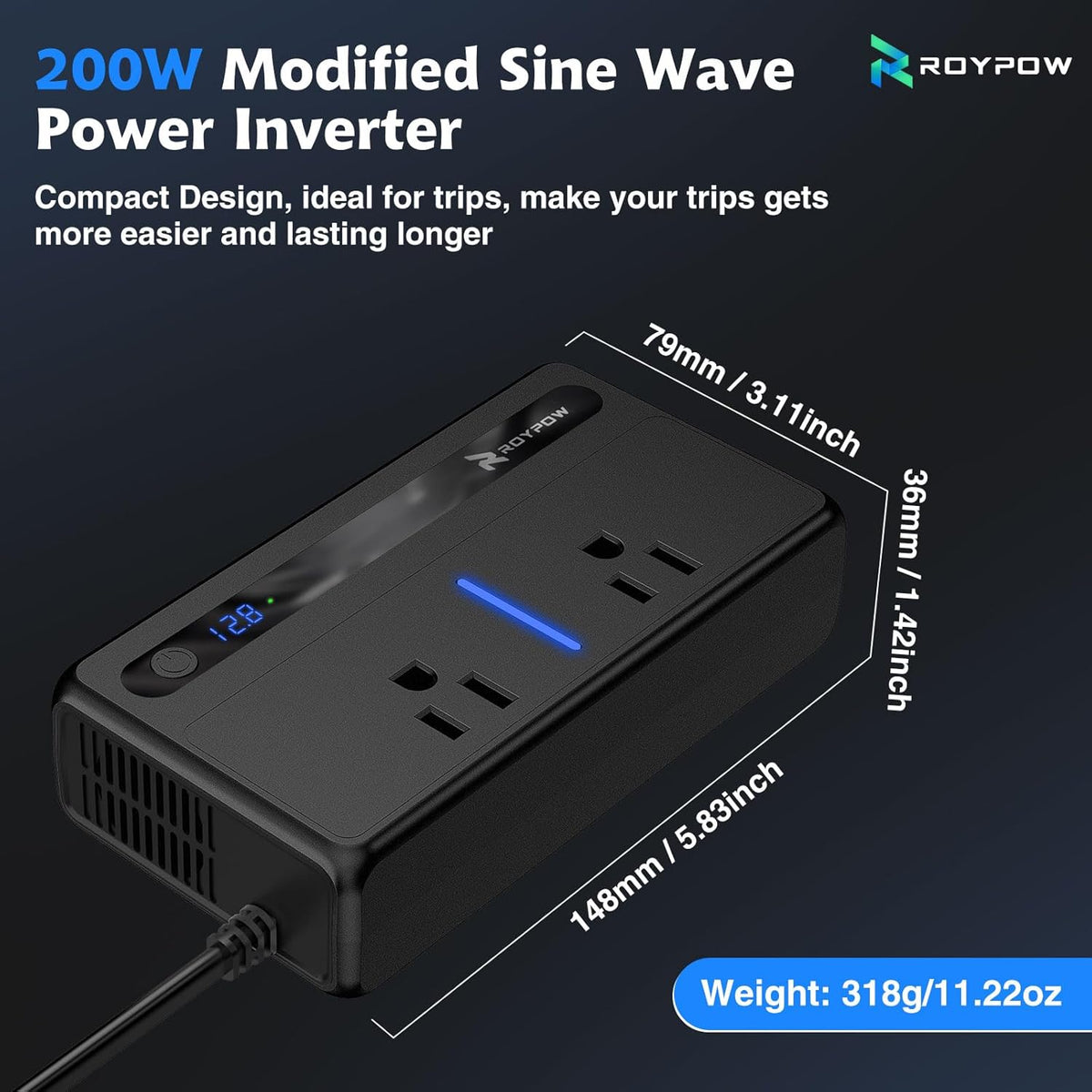 RoyPow 200W Car Power Inverter, DC 12V to 110V AC Power Inverter with Cigarette Lighter Port, Car Plug Adapter Outlet with 3.4A USB-A, QC3.0 24W, PD 30W, PD 36W, Dual AC Outlets, Car Charger Adapter - PuriLite