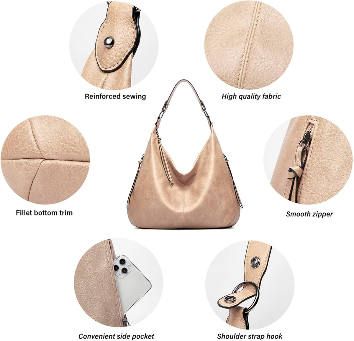Ashioup Hobo Bags for Women Soft PU Leather Shoulder Bag Vintage Slouchy Handbag with Zipper - PuriLite