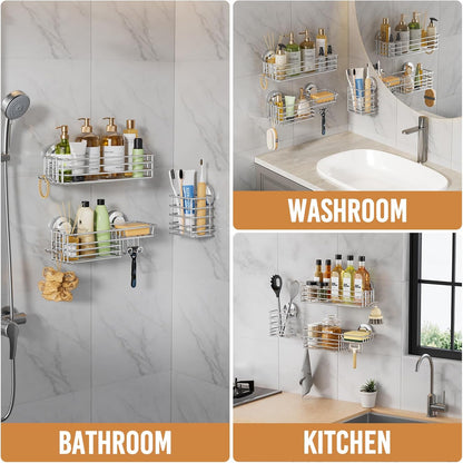 LEVERLOC Shower Caddy Suction Cup, 2 Pack Black Shower Shelf with Hooks and Soap Holder, NO-Drilling Bathroom Organizer, Rustproof Metal Bathroom Storage and Organization - PuriLite