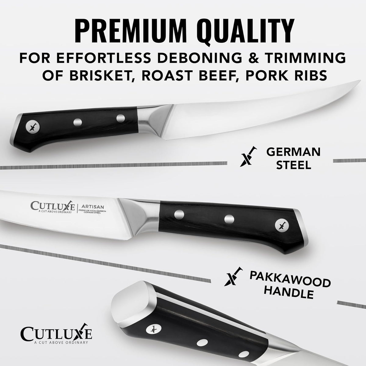 Cutluxe Curved Boning Knife – 6" Boning Knife for Meat Cutting, Fillet Knife – High Carbon German Steel, Full Tang & Ergonomic Handle Design – Artisan Series - PuriLite