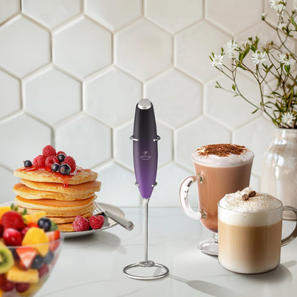 Zulay Kitchen Powerful Double Whisk Milk Frother Handheld - Foam Maker with Stand - Whisk Drink Mixer for Coffee, Mini Foamer for Latte, Matcha, Frappe, Hot Chocolate & Cappuccino (Black) - PuriLite