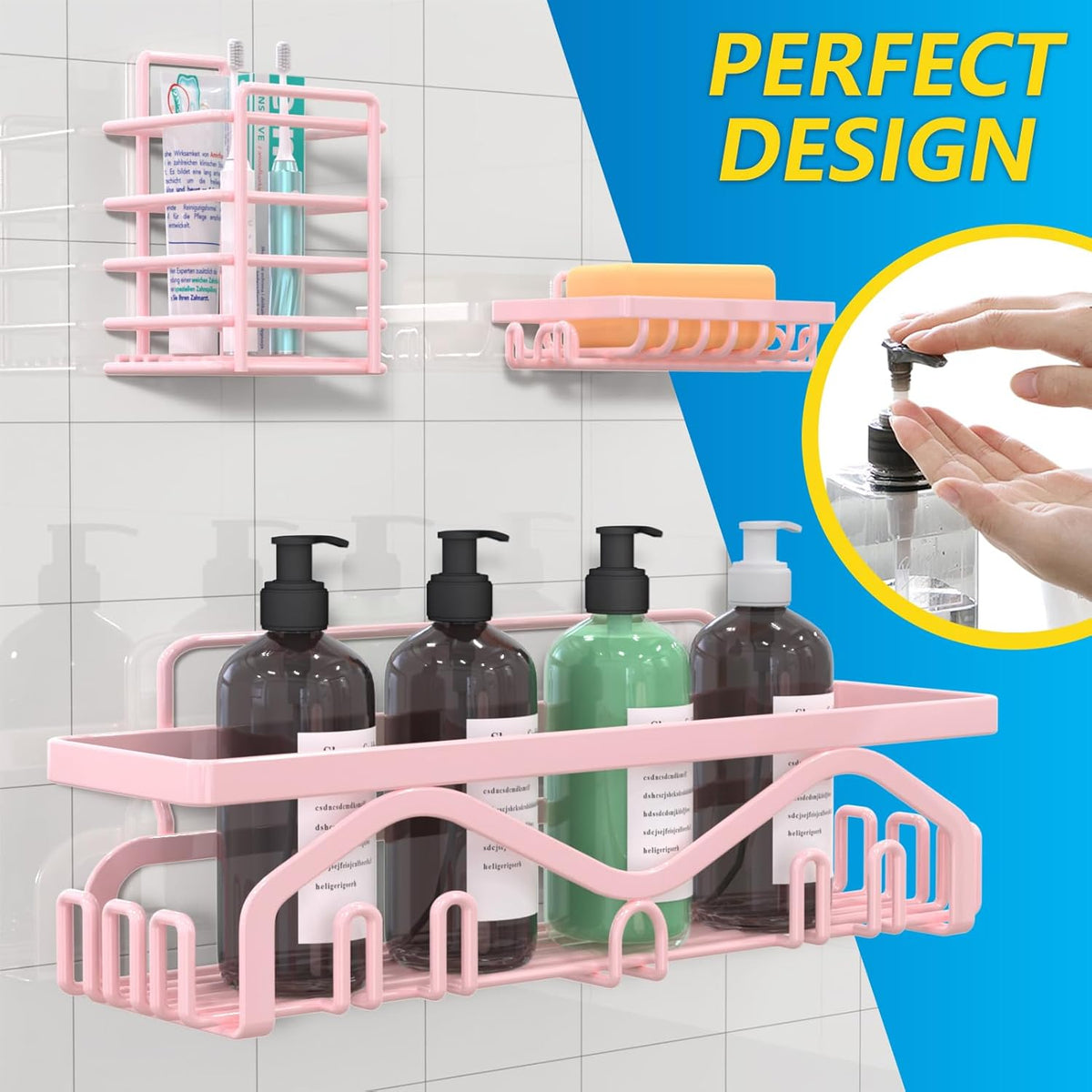 Coraje Adhesive Shower Caddy, 5-Pack Shower Shelves, Large Capacity Load Bearing 40 LBS Shower Organizer, No Drilling Shower Shelf, Rustproof Stainless Steel Bathroom Shower Storage, Black - PuriLite