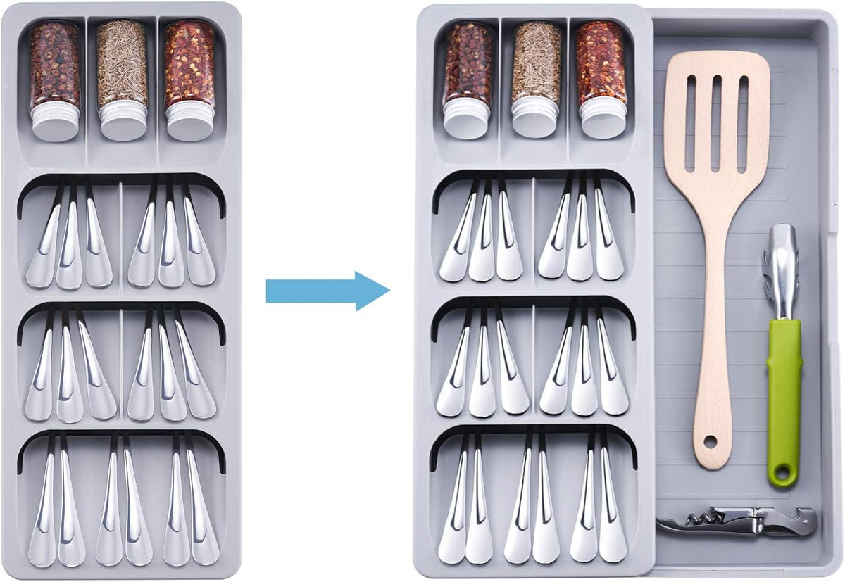 Expandable Kitchen Drawer Organizer, Adjustable Cutlery and Utensil Tray, Gray Plastic Silverware Storage Divider for Spoons, Forks, Knives, and Flatware - PuriLite