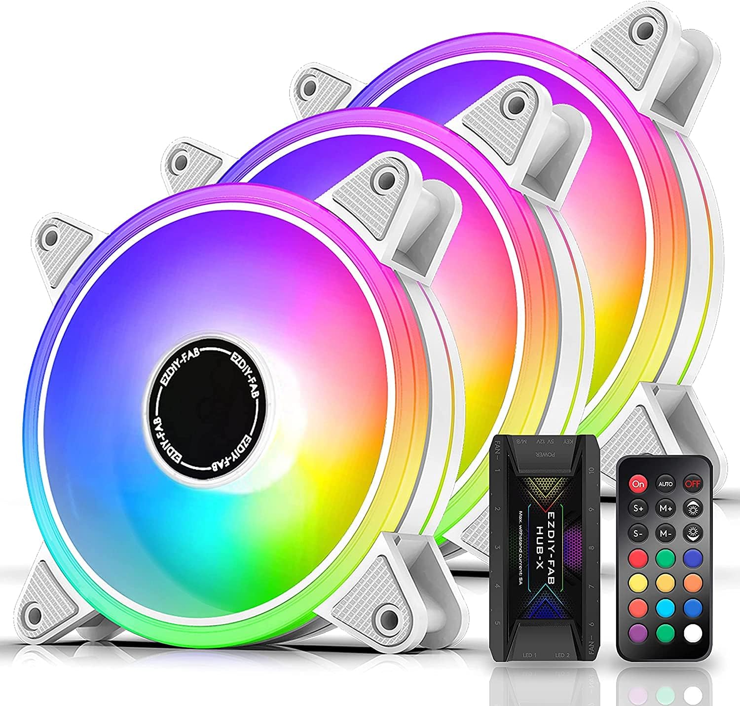 EZDIY-FAB White Moonlight 120mm RGB Case Fan with Fan Hub X and Remote,Motherboard Aura SYNC,Speed Control,Addressable Fan for PC Case-3 Pack - PuriLite