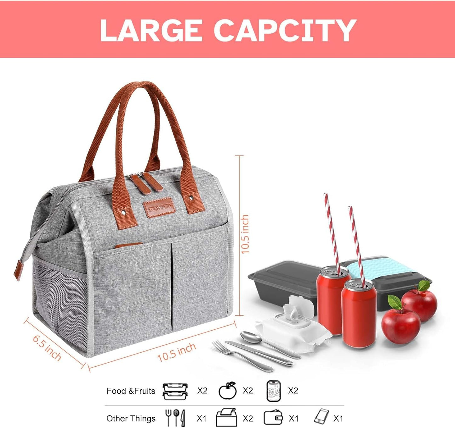 Lunch Bag for Women & Men, Insulated Lunch Box Cooler Tote Bags, Adult Reusable Lunch Boxes with Water Resistant for Work, Travel and Picnic (Grey) - PuriLite