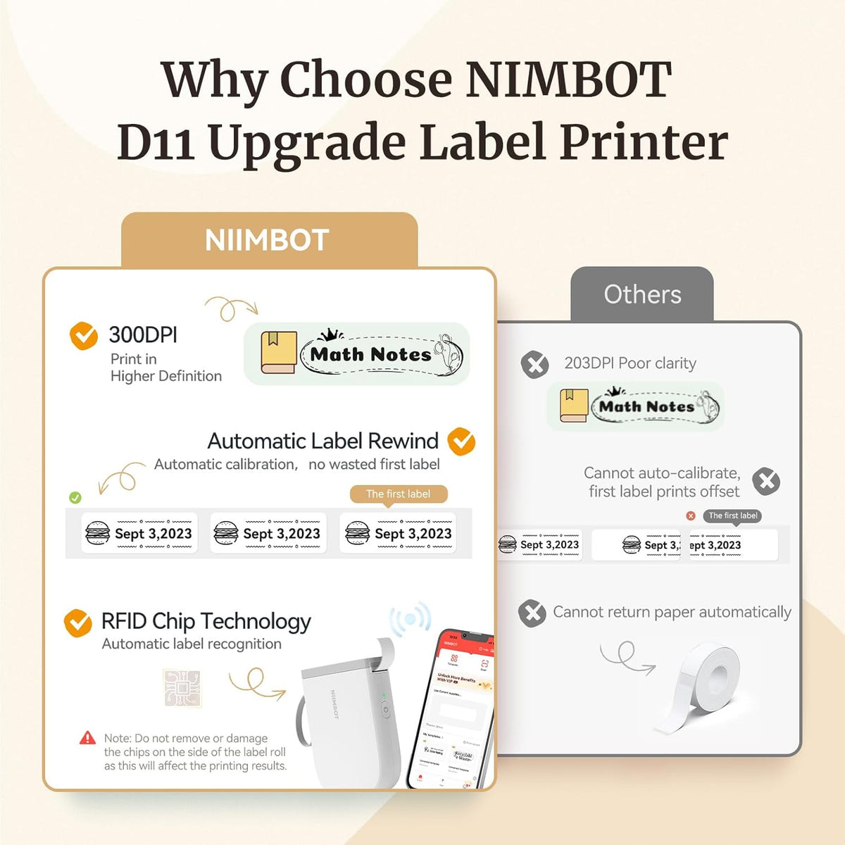 NIIMBOT D110 Mini Label Maker Machine with Tape(Pre-Cut Size 12x40mm), Portable Bluetooth Sticker Printer, Inkless Automatic Feeding One-Touch Custom Printing, Compatible with Phone Only - PuriLite