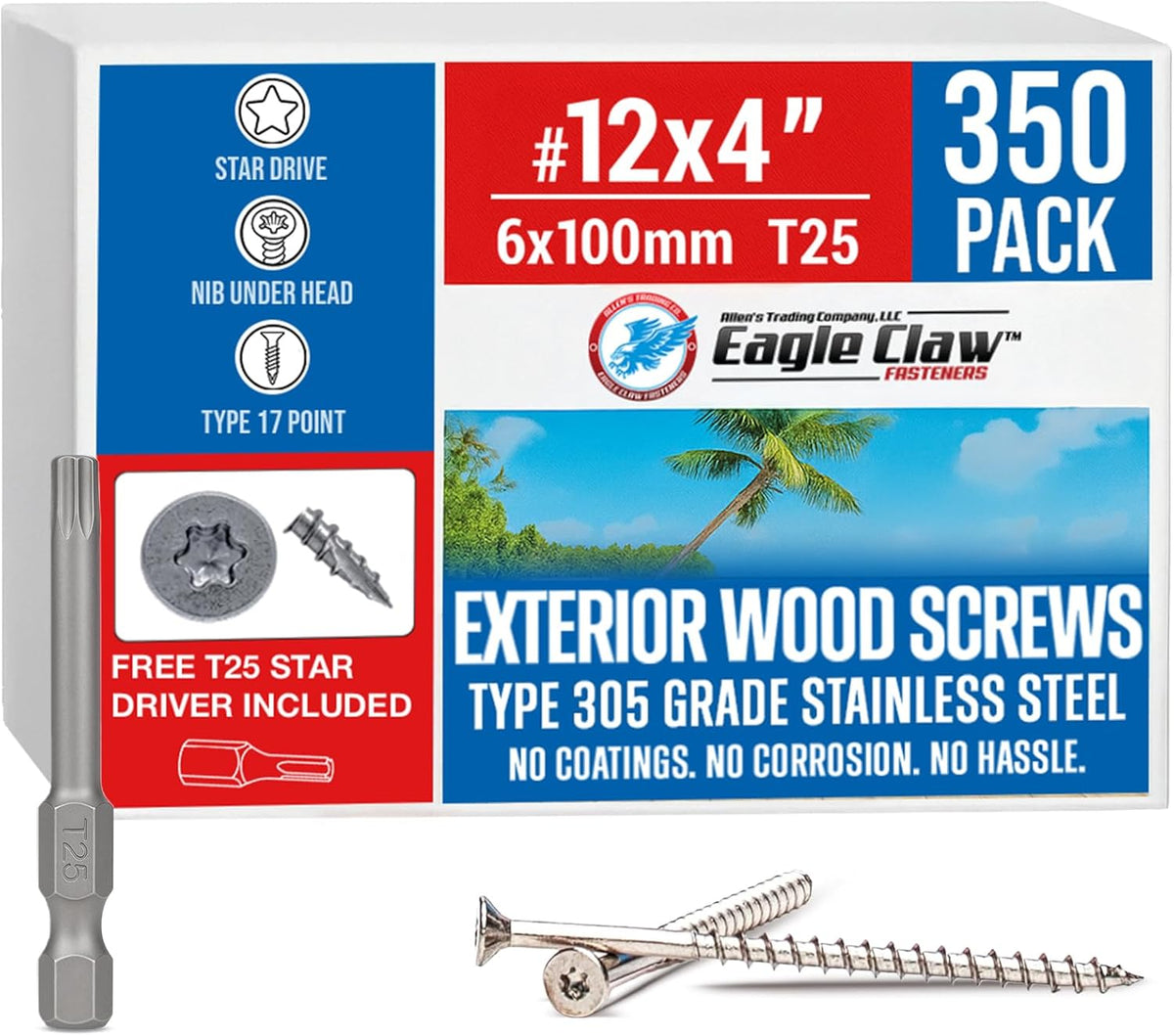 #10 x 3 Inch Stainless Steel Deck Screws 350 Pieces | T25 Star Torx Drive Flat Head | 304 Grade Stainless Steel Wood Screws High Corrosion Resistance by Allen's Trading Co. Eagle Claw Fasteners - PuriLite