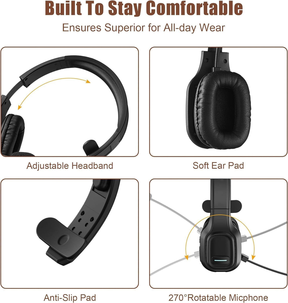 COMEXION Trucker Bluetooth Headset V5.0, Wireless Headset with Noise Canceling&Mute Microphone for Cell Phones, On Ear Bluetooth Headphone for Computer, Zoom Meetings, Skype, Home Office - PuriLite