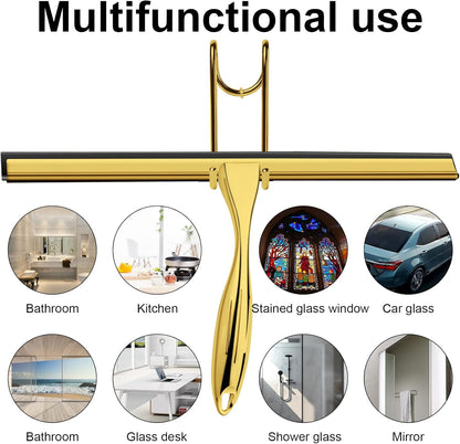 14 Inch Shower Squeegee Stainless Steel with Shower Door Hook and Adhesive Hook Glass Squeegee Bathroom for Doors, Bathroom, Windows, Kitchen, Mirror with Spare Silicone Blade 2 Hooks - PuriLite