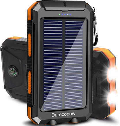 Solar Charger Power Bank, 20000mAh Portable Outdoor Waterproof Solar Battery Charger, Camping External Backup Battery Pack USB C Ports Input/Output, 2 Led Light Flashlight with Compass (Orange) - PuriLite