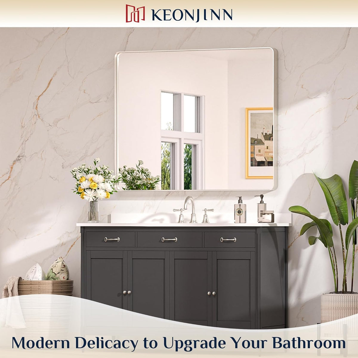 Keonjinn 42 x 36 Brushed Nickel Bathroom Vanity Mirror, Large Rounded Rectangle Bathroom Mirrors for over Sink, Metal Framed Silver Mirror for Wall, Shatterproof HD Tempered Glass(Horizontal/Vertical) - PuriLite