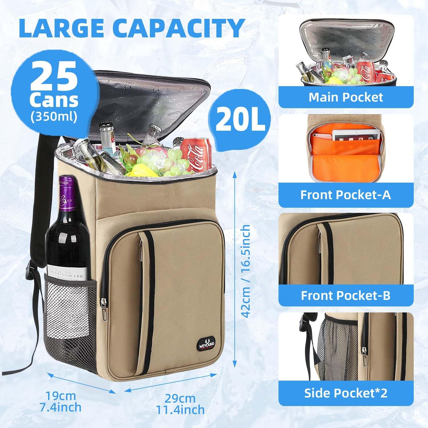 Bagtopia Camping Cooler Backpack 25 Cans, Leak Proof Insulated Thermal Bag, Beach Travel Picnic Lunch Backpack for Men Women - PuriLite