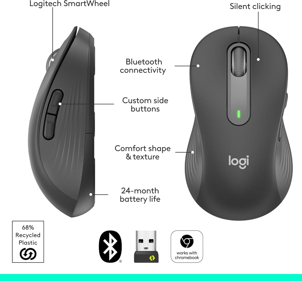 Logitech Signature M650 L Full Size Wireless Mouse - For Large Sized Hands, 2-Year Battery, Silent Clicks, Customizable Side Buttons, Bluetooth, for PC/Mac/Multi-Device/Chromebook - Black - PuriLite