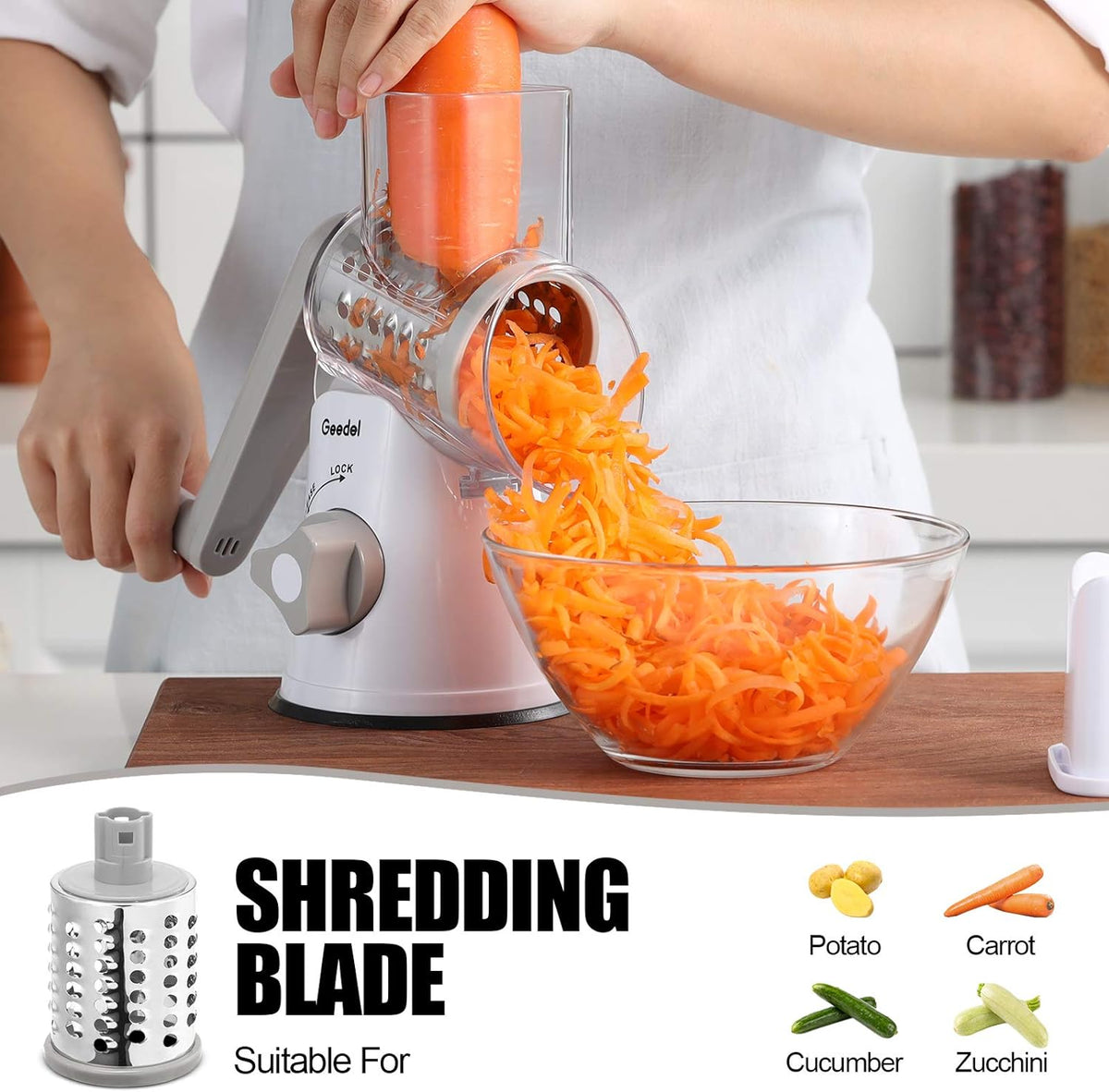 Geedel Kitchen Cheese Grater, Rotary Mandoline Vegetable Slicer with Interchangeable Blades, Easy to Use Rotary Grater Slicer for Fruit, Vegetables, Nuts - PuriLite