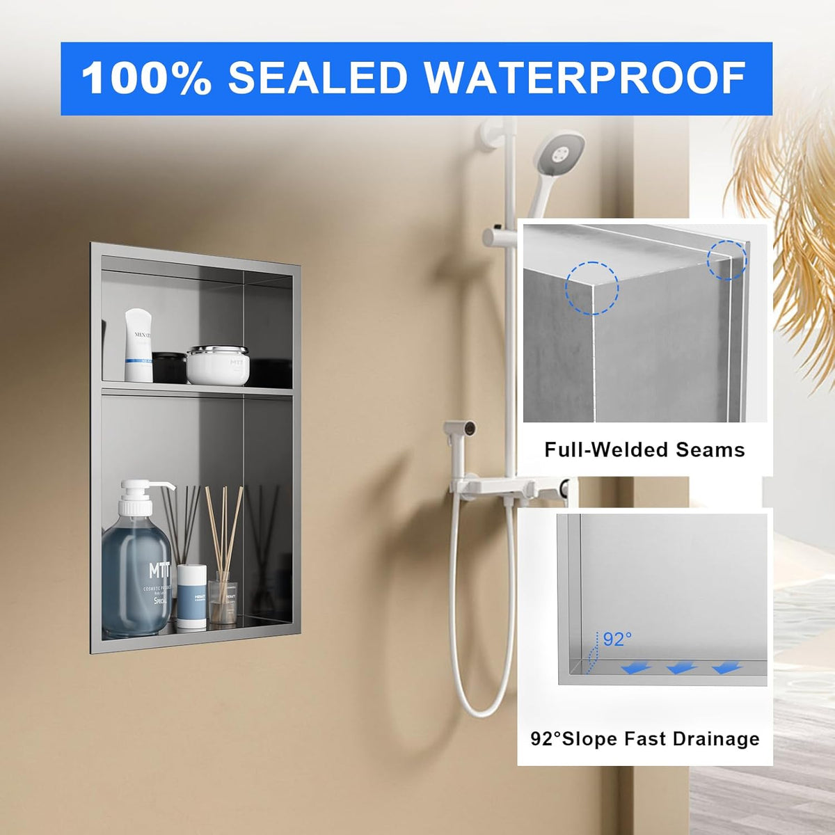 MENATT No Tile Shower Niche, Stainless Steel Wall Niche 13"X19"(Inner Size 12"X18"), Two-Tier Bathroom Shelf, NO Tile Needed Recessed Niche Shower for Bathroom Storage, Black - PuriLite