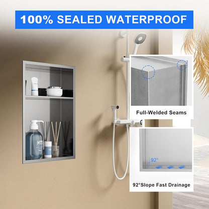 MENATT No Tile Shower Niche, Stainless Steel Wall Niche 13"X19"(Inner Size 12"X18"), Two-Tier Bathroom Shelf, NO Tile Needed Recessed Niche Shower for Bathroom Storage, Black - PuriLite