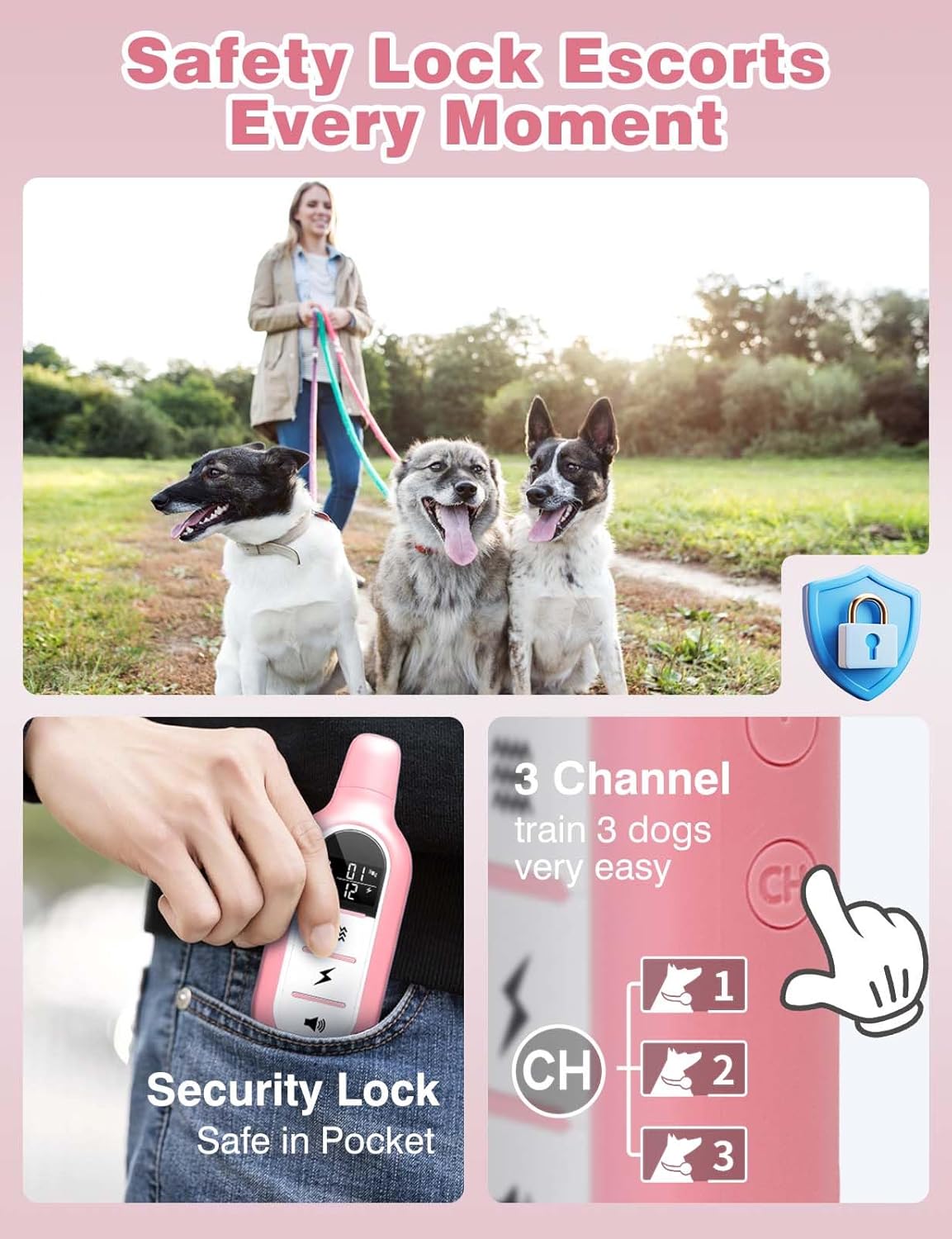 Peture Shock Collar with Remote -Long Range Control Training Collar for Dogs Rechargeable IPX7 Waterproof Dog Training Collar for Large Medium Small Dogs 3 Chanal (Pink) - PuriLite