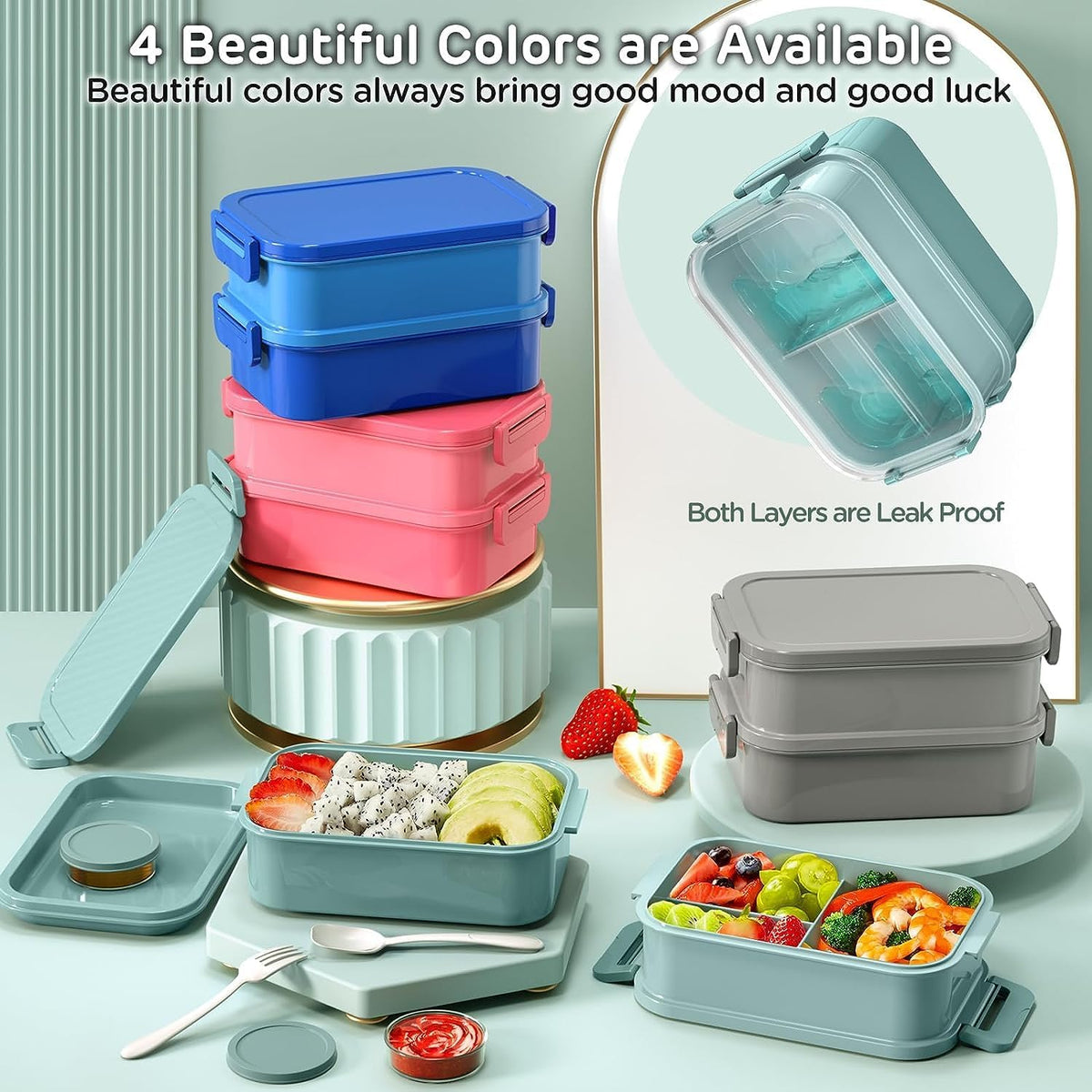 JSCARES Lunch Box Adults Bento Box - All-in-One Stackable 74 OZ Lunch Box Containers for Adult Large Bento Box with Fork Spoon Sauce Boxes, Leakproof Lunchbox for Work School Dining Out (Green) - PuriLite