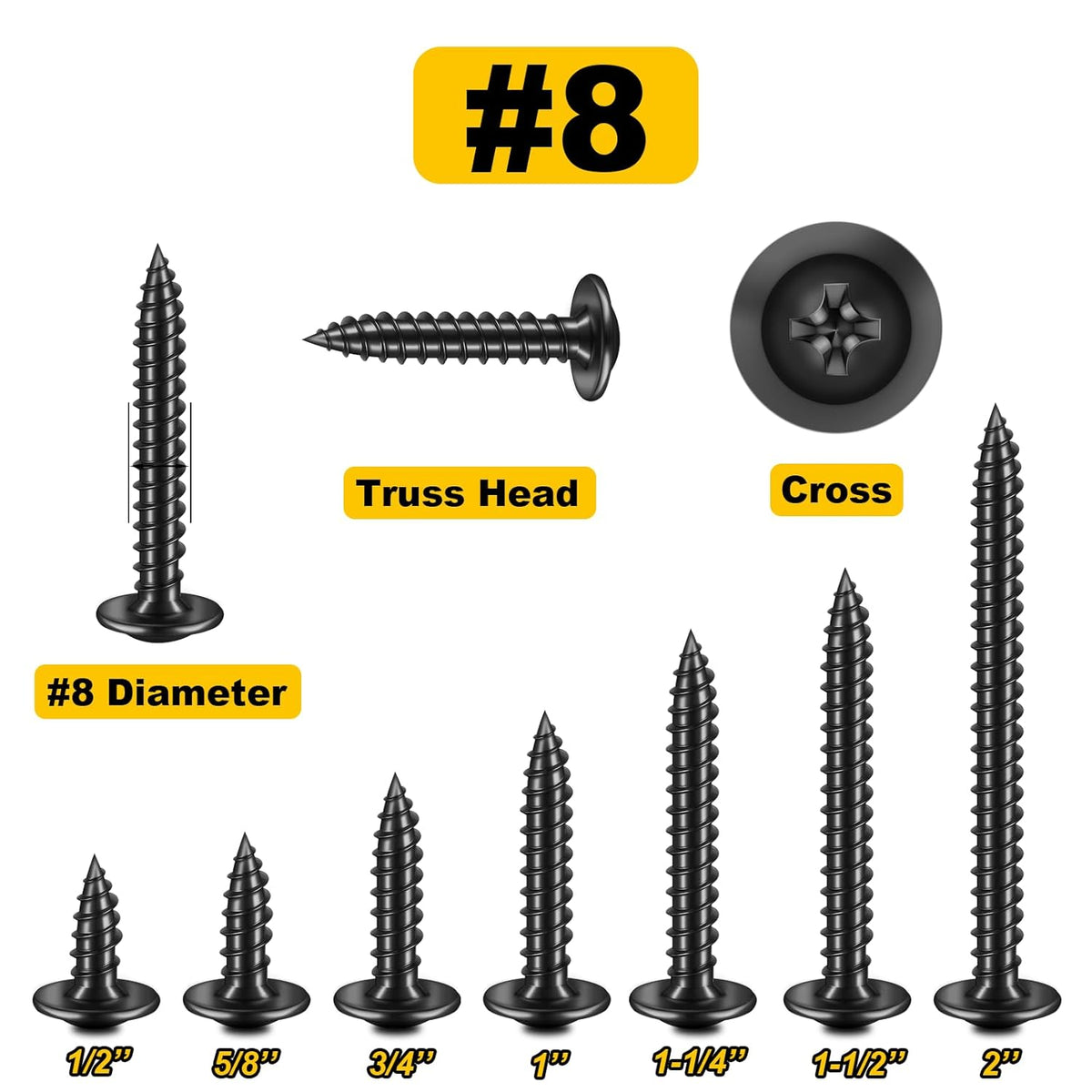 150Pcs #8 × 2" Black Screws for Wood, Phillips Truss Head Wood Screws, Quick Metal Self Tapping, Zinc Plated Steel, Truss Head Screws by Mywish - PuriLite