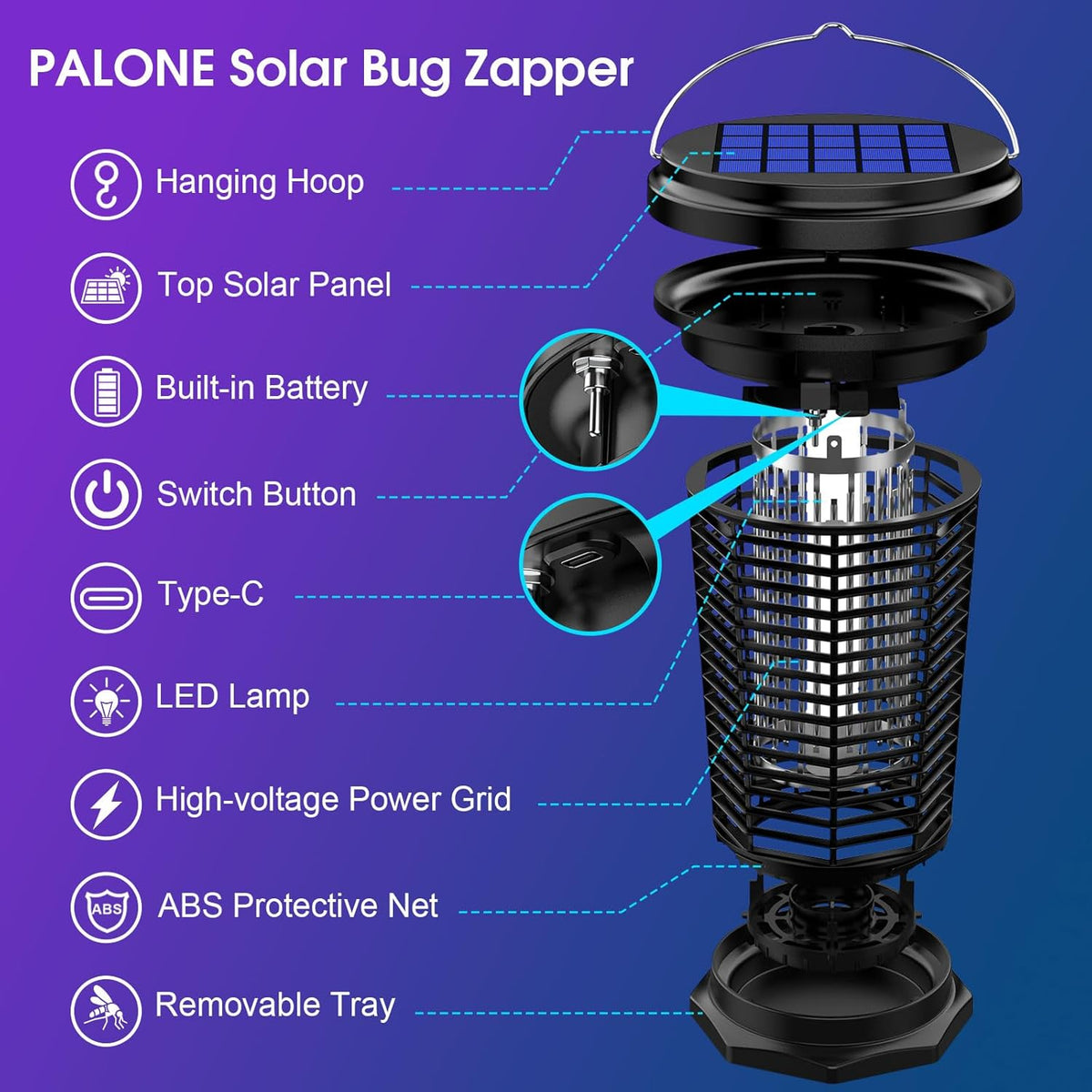 PALONE Solar Bug Zapper with 5.5W Solar Panel Charging, USB Charging Bug Zapper Light for Outdoor and Indoor - PuriLite
