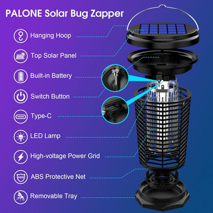PALONE Solar Bug Zapper with 5.5W Solar Panel Charging, USB Charging Bug Zapper Light for Outdoor and Indoor - PuriLite