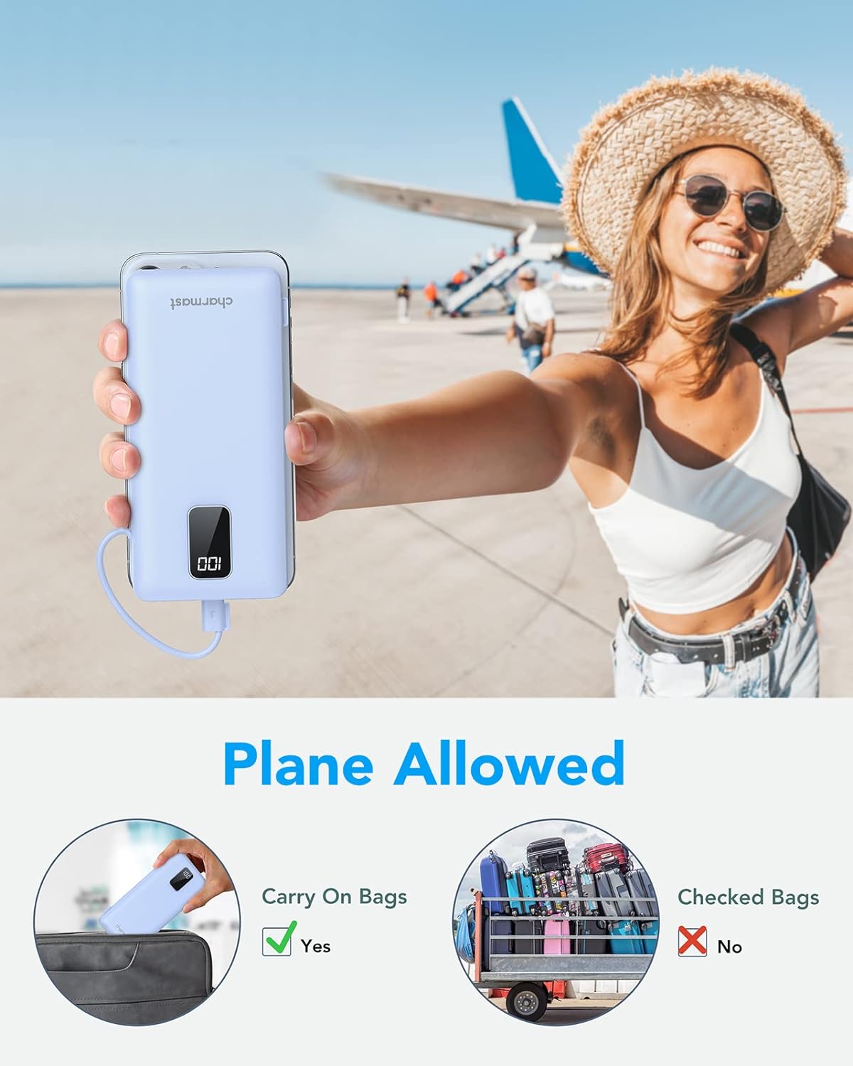 Charmast Portable Charger with Built-in Cables and Plug, 10000mAh USB C Power Bank Fast Charging 15W, External Battery Pack Slim, Travel Essentials Compatible with 16 15 14 13, Samsung Galaxy, iPad - PuriLite