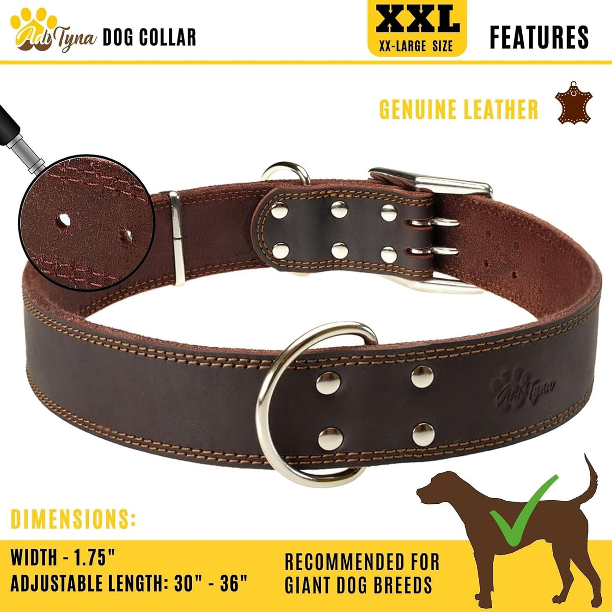 ADITYNA Heavy-Duty Leather Dog Collar for Medium Dogs - Soft and Strong, 100% Genuine Leather - Collier Pour Chien (Medium: Fit 13" - 20" Neck, Brown) - PuriLite