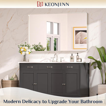 Keonjinn 42 x 36 Brushed Nickel Bathroom Vanity Mirror, Large Rounded Rectangle Bathroom Mirrors for over Sink, Metal Framed Silver Mirror for Wall, Shatterproof HD Tempered Glass(Horizontal/Vertical) - PuriLite