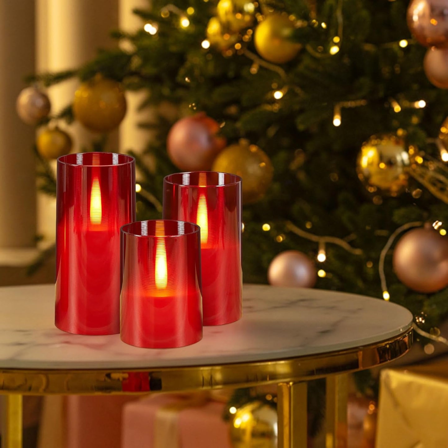 IMAGE Realistic Flickering Flameless LED Candles with Jumping Warm Yellow Flames, Upgraded Set Battery-Operated with Remote Timers, 3 Size Acrylic Candles (D 3" x H 4" 5" 6") (Red) - PuriLite