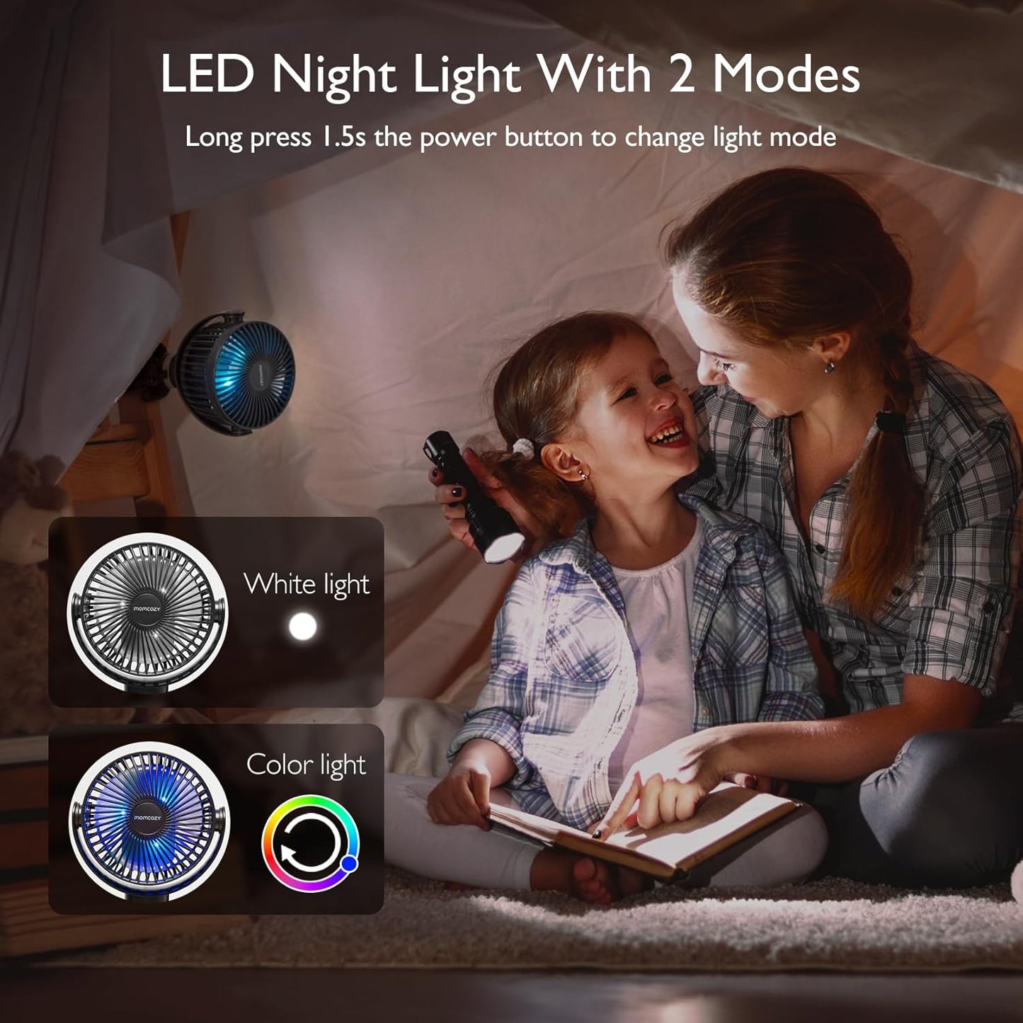Momcozy Portable Stroller Fan, 27H Ultra-long Battery Life, Detachable 4 Speed 360°Rotate, LED Night Light with 2 Modes, USB Rechargeable and Handheld Cooling Fan for Travel, Car Seat - PuriLite