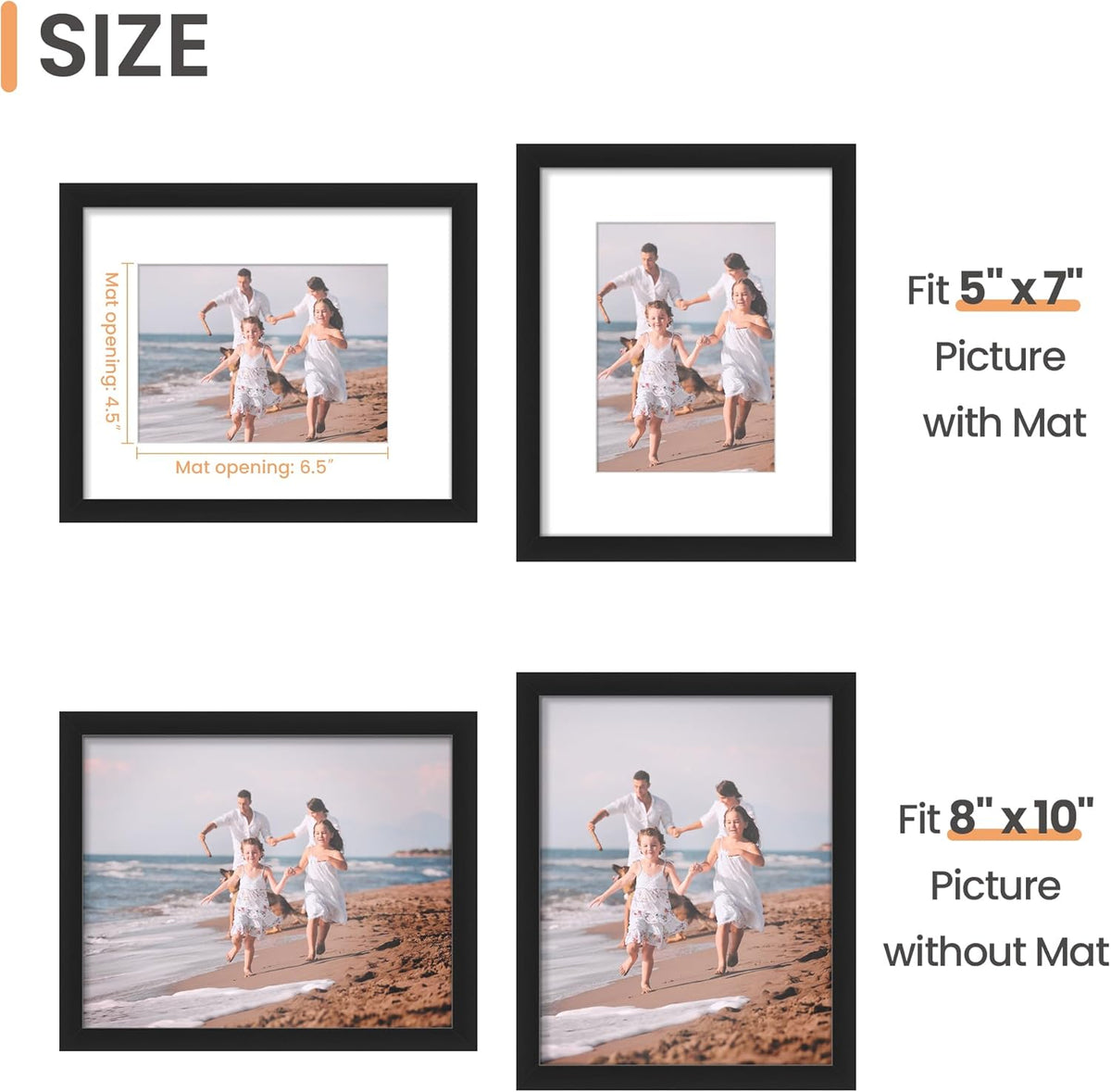 upsimples 11x14 Picture Frame, Display Pictures 8x10 with Mat or 11x14 Without Mat, Wall Hanging Photo Frames, Black - PuriLite