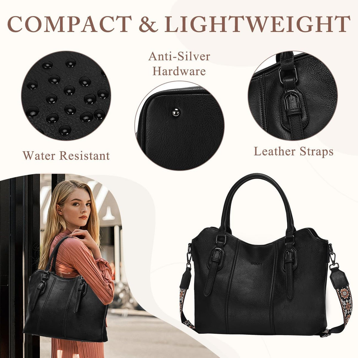 Hobo Bags for Women,VASCHY Vegan Leather Handbag Purse Top Handle Satchel Boho Shoulder Bag with Crossbody Guitar Strap - PuriLite