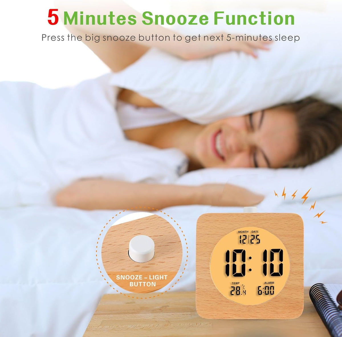Plumeet Wooden Digital Alarm Clock for Bedrooms, Wood 4'' Battery Powered Alarm Clock with Snooze and Nightlight, Electronic LCD Desk Clock Display Time, Date, Temp, 12/24H, Wood Décor (Sapele, 3.2'') - PuriLite