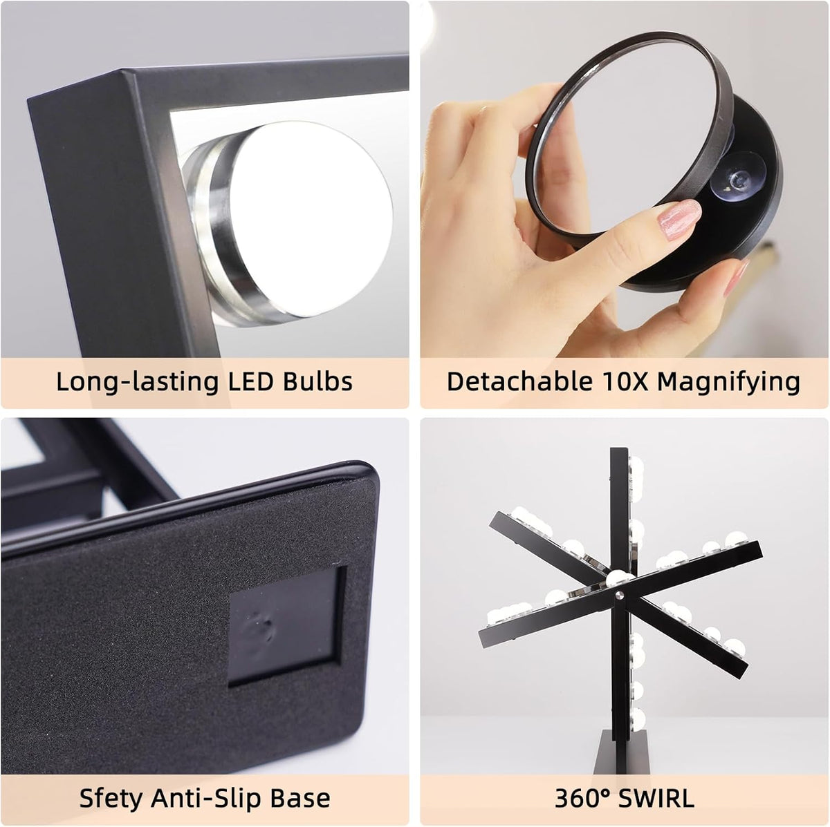 FENCHILIN Lighted Makeup Mirror Hollywood Mirror Vanity Makeup Mirror with Light Smart Touch Control 3Colors Dimmable Light Detachable 10X Magnification 360°Rotation(White) - PuriLite