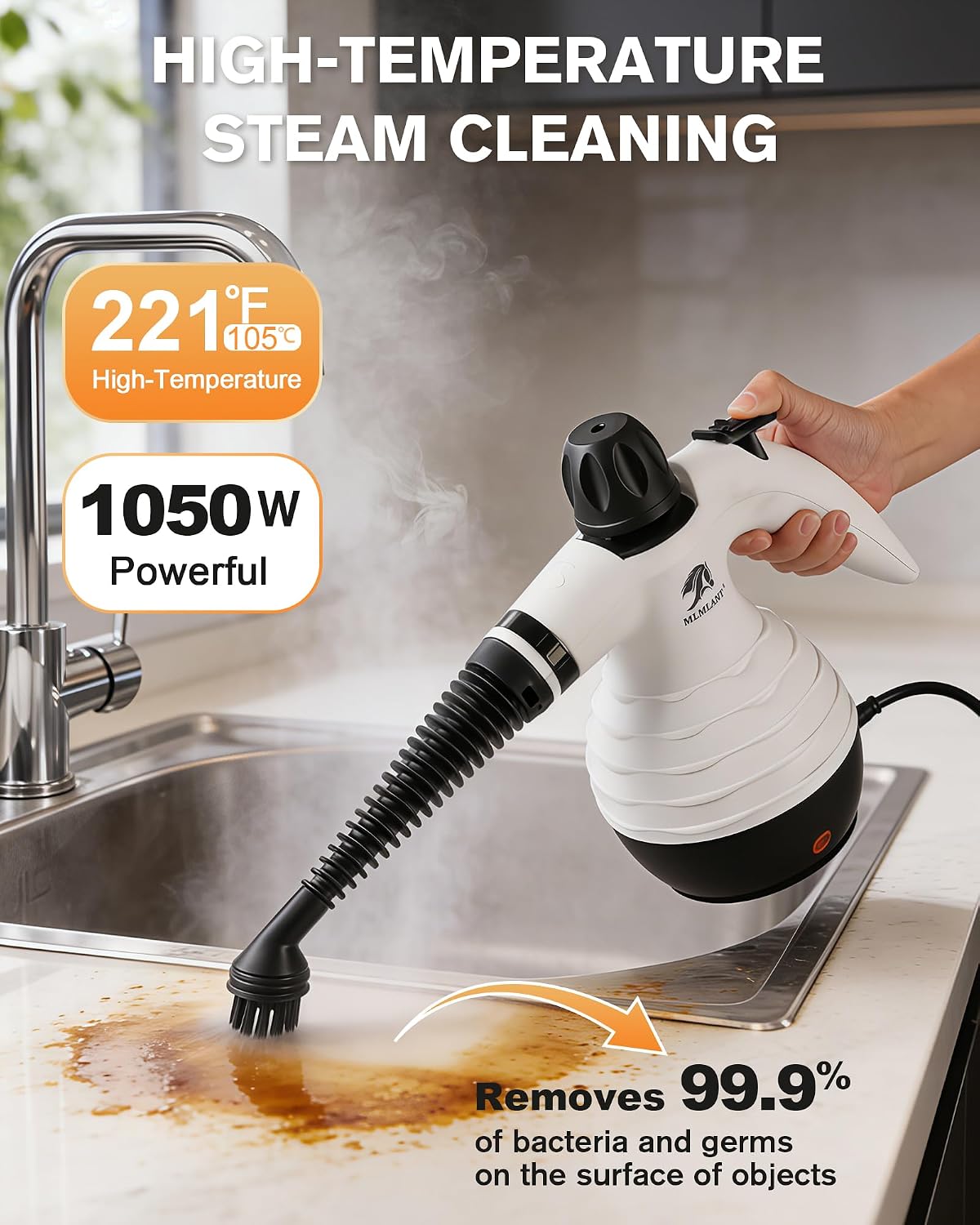 MLMLANT 300°F HandHeld Steam Cleaner,4.5 Bar Steamer For Home Floor, Window, Oven, Grout, Sealed Tile, Upholstered Furniture| Safety Lock| Kitchen, Bathroom| 10 Accessories